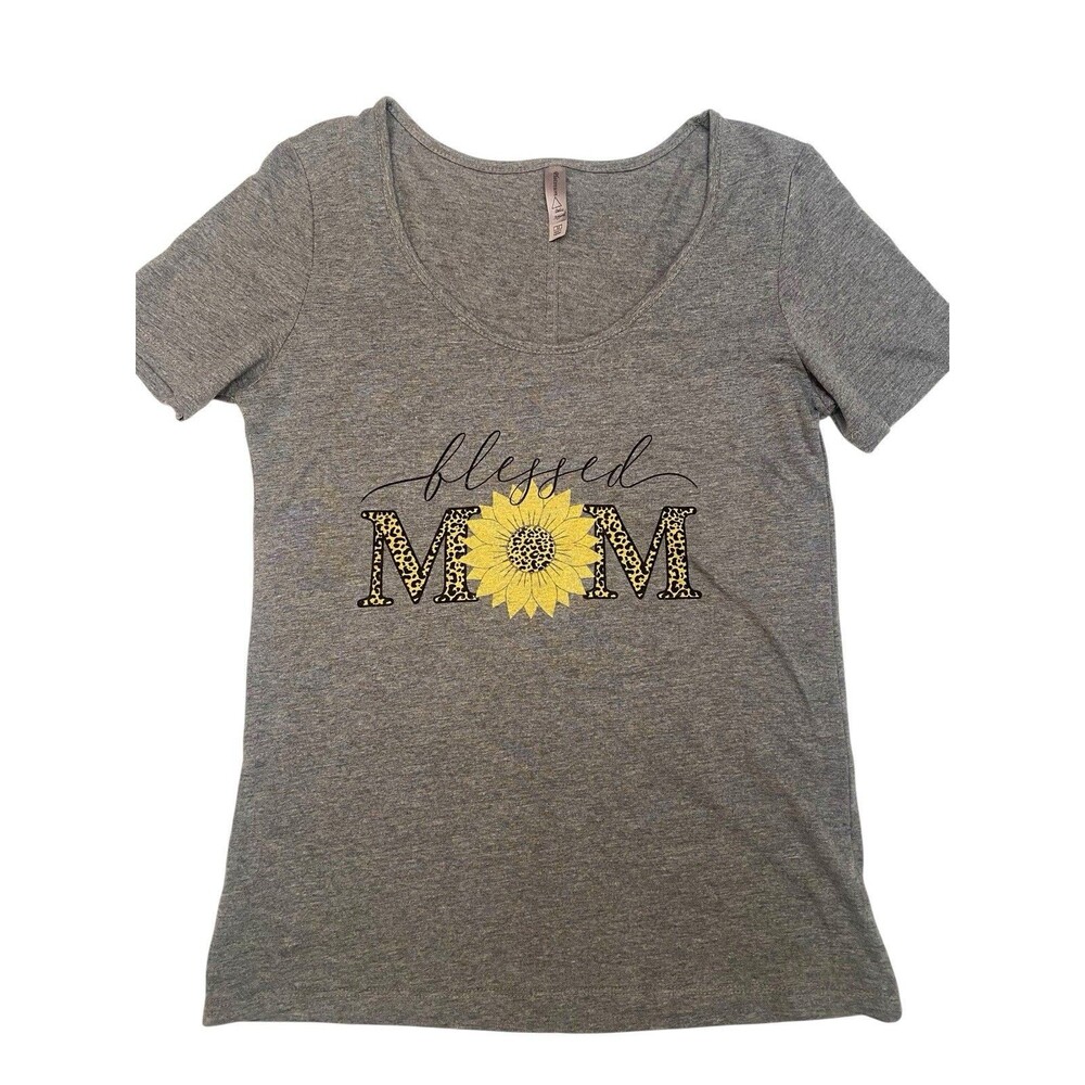 Blessed MOM Top T-Shirt Medium Gray with Sunflower Graphic Delta Apparel